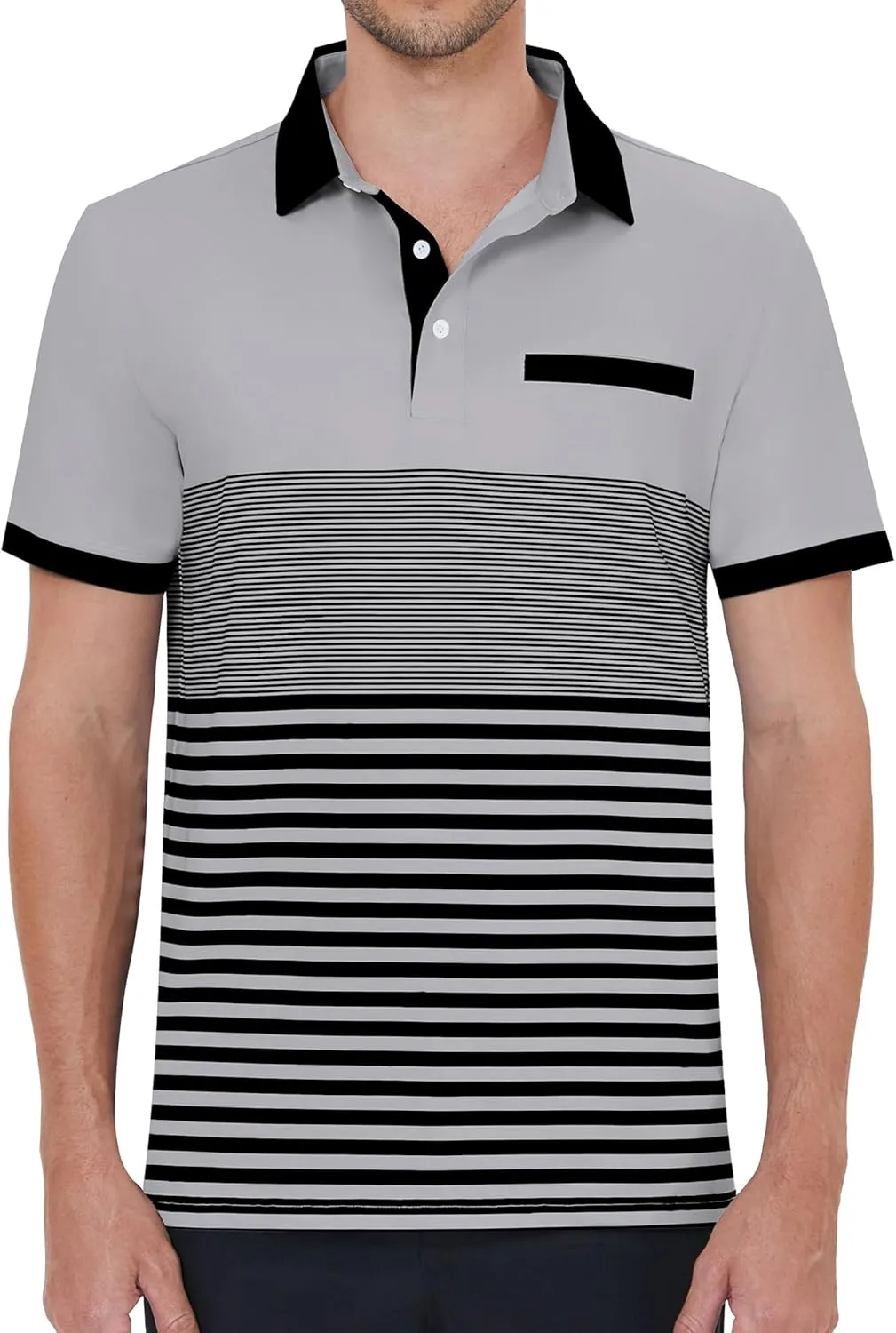Men's Polo Shirts Short Sleeve Striped Breathable Golf Tennis Shirt with Collar Fake Pocket Summer Essentials Casual
