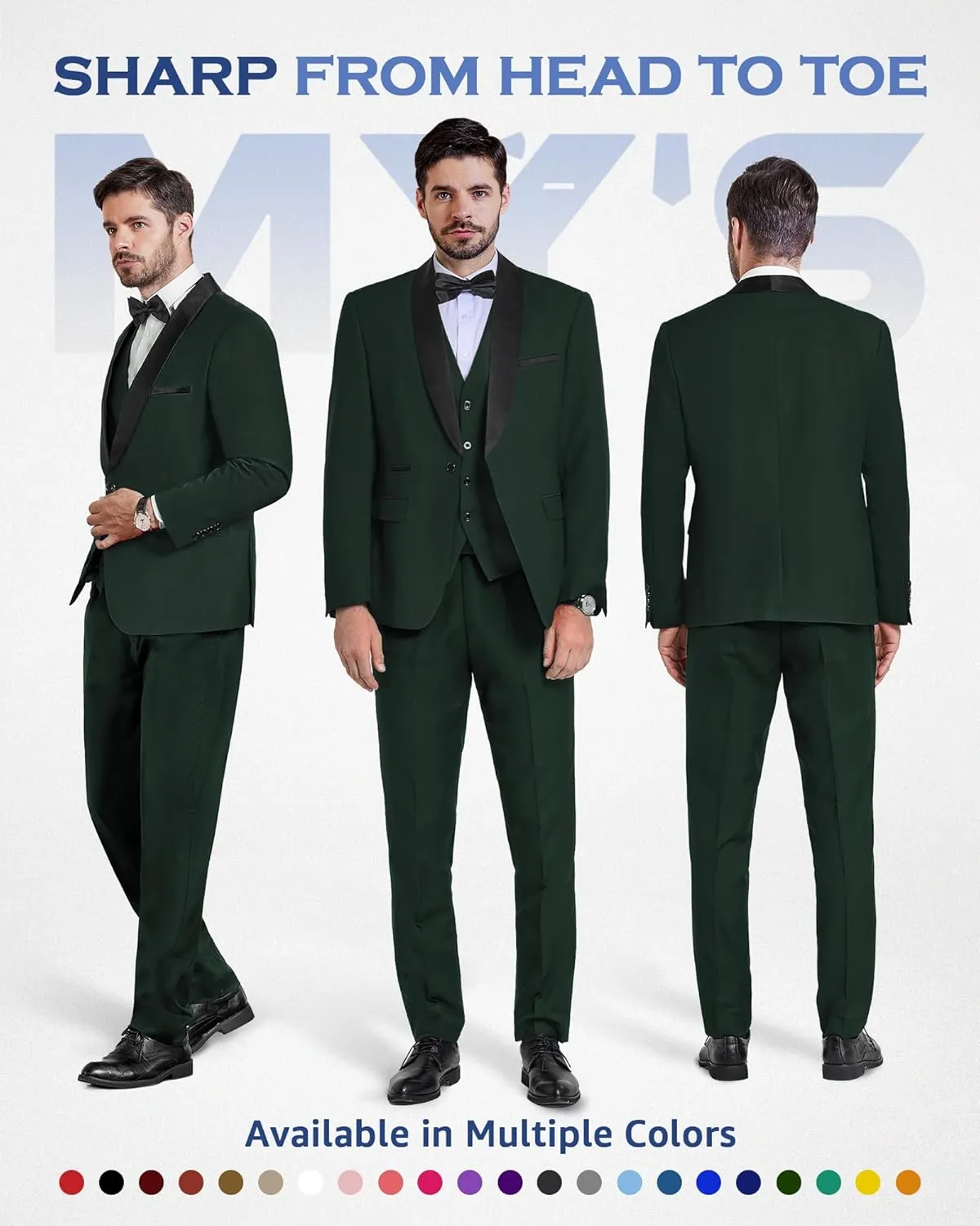 MY'S Mens 3-Piece Suit Shawl Lapel One Button Tuxedo Winter Fabric Slim Fit Dinner Jacket Vest Pants & Tie Set