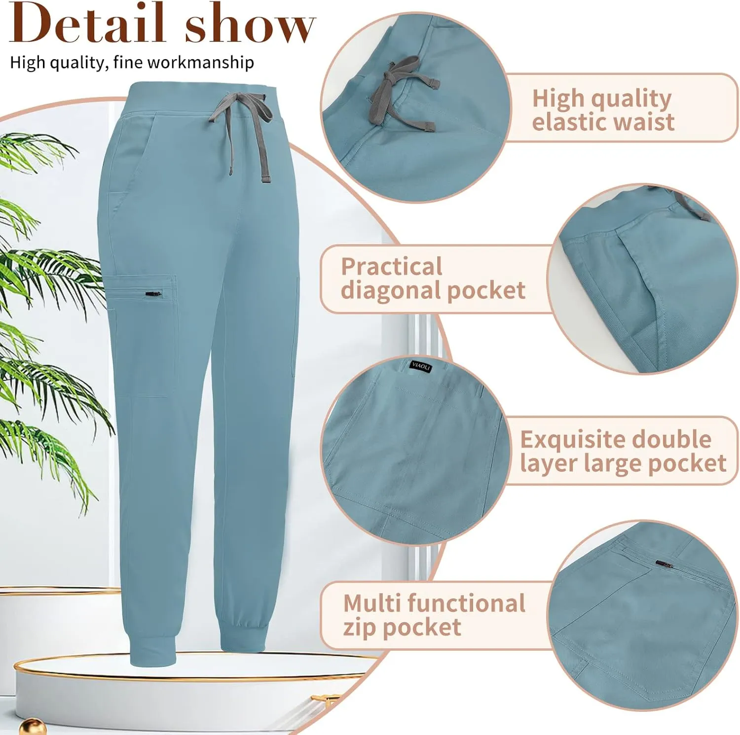 niaahinn Women Jogger Scrubs Pant Workwear Mid Rise Tapered Leg Drawstring for Nursing Soft Fabric