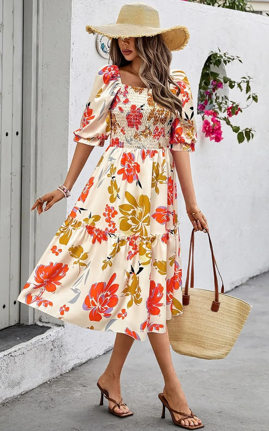 PRETTYGARDEN Women's Summer Casual Dresses 2025 Spring Puff Sleeve Square Neck A-line Flowy Boho Floral Smocked Midi Dress