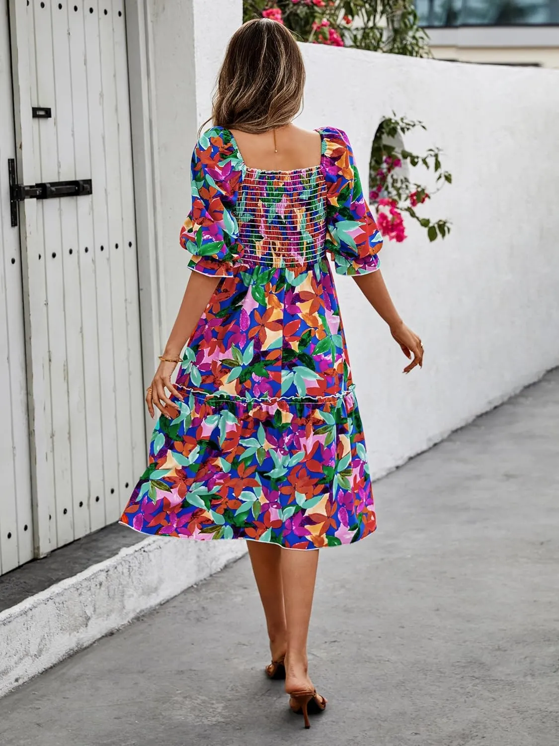 PRETTYGARDEN Women's Summer Casual Dresses 2025 Spring Puff Sleeve Square Neck A-line Flowy Boho Floral Smocked Midi Dress