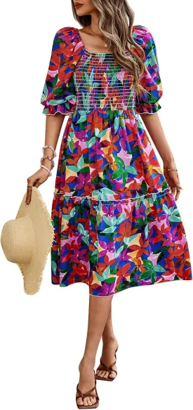 PRETTYGARDEN Women's Summer Casual Dresses 2025 Spring Puff Sleeve Square Neck A-line Flowy Boho Floral Smocked Midi Dress