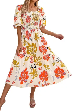 PRETTYGARDEN Women's Summer Casual Dresses 2025 Spring Puff Sleeve Square Neck A-line Flowy Boho Floral Smocked Midi Dress