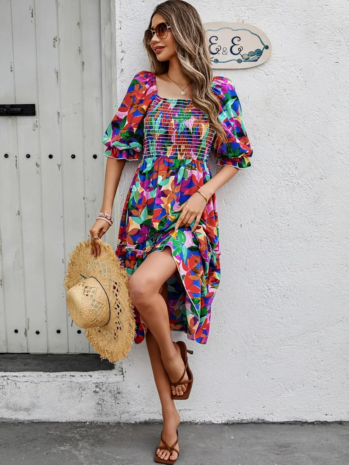 PRETTYGARDEN Women's Summer Casual Dresses 2025 Spring Puff Sleeve Square Neck A-line Flowy Boho Floral Smocked Midi Dress