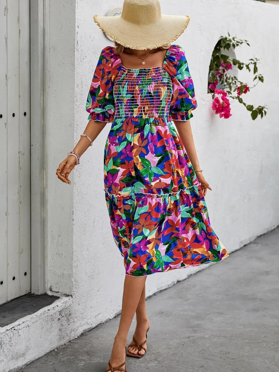 PRETTYGARDEN Women's Summer Casual Dresses 2025 Spring Puff Sleeve Square Neck A-line Flowy Boho Floral Smocked Midi Dress