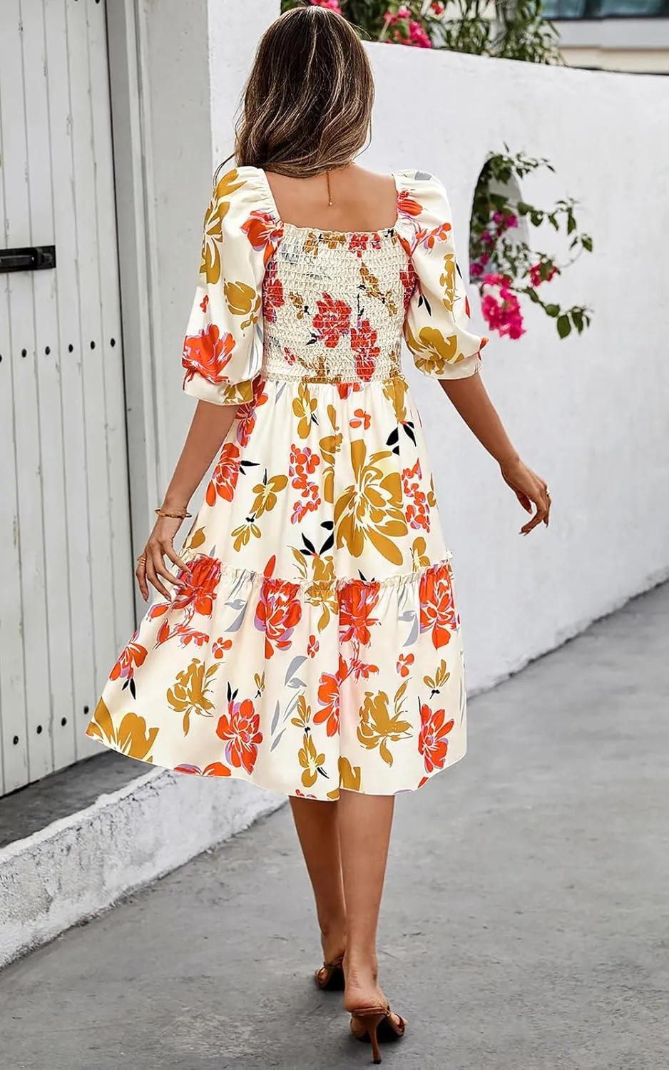 PRETTYGARDEN Women's Summer Casual Dresses 2025 Spring Puff Sleeve Square Neck A-line Flowy Boho Floral Smocked Midi Dress