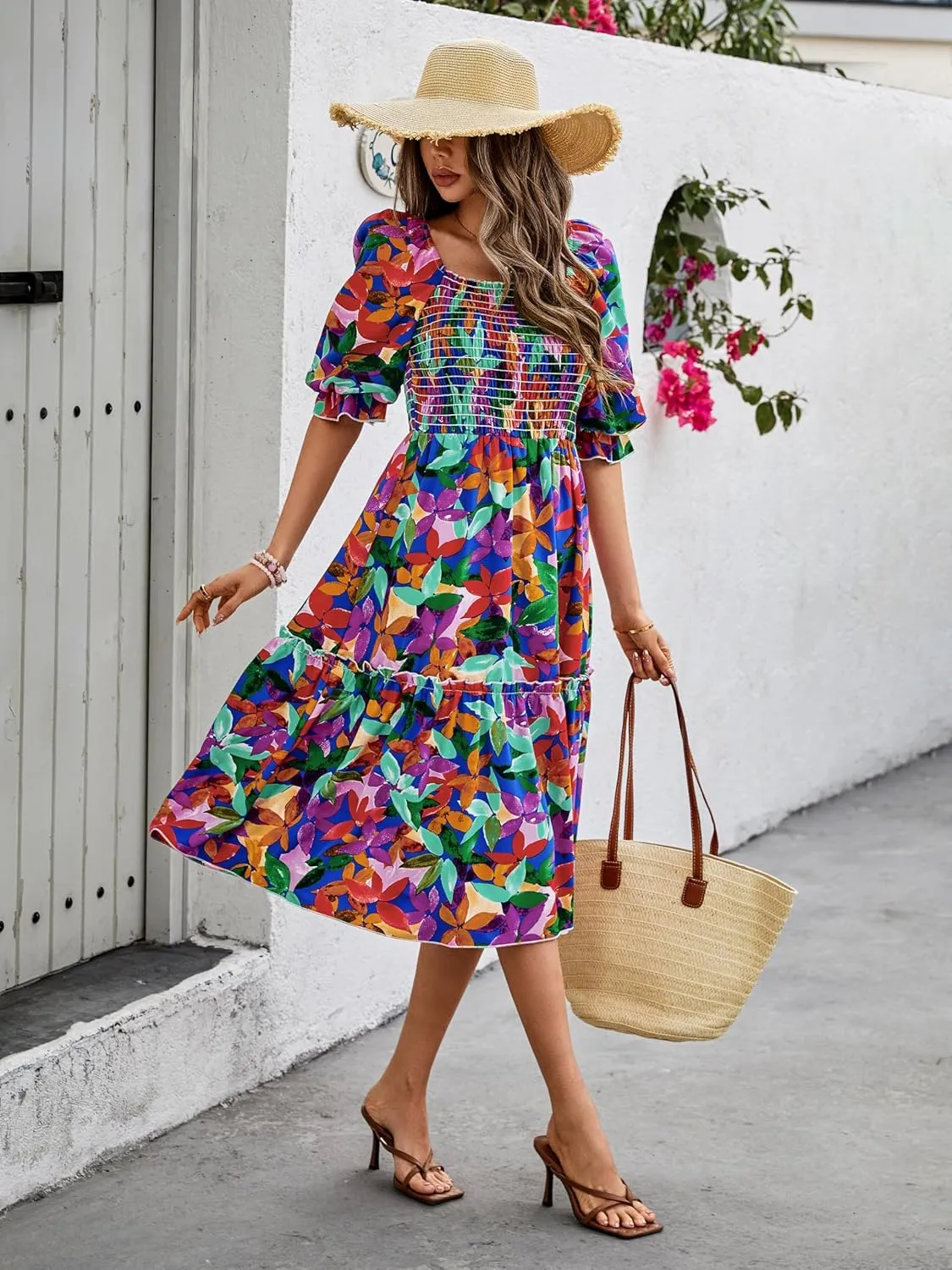 PRETTYGARDEN Women's Summer Casual Dresses 2025 Spring Puff Sleeve Square Neck A-line Flowy Boho Floral Smocked Midi Dress