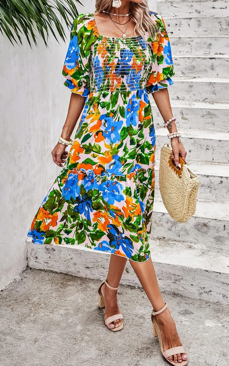PRETTYGARDEN Women's Summer Casual Dresses 2025 Spring Puff Sleeve Square Neck A-line Flowy Boho Floral Smocked Midi Dress