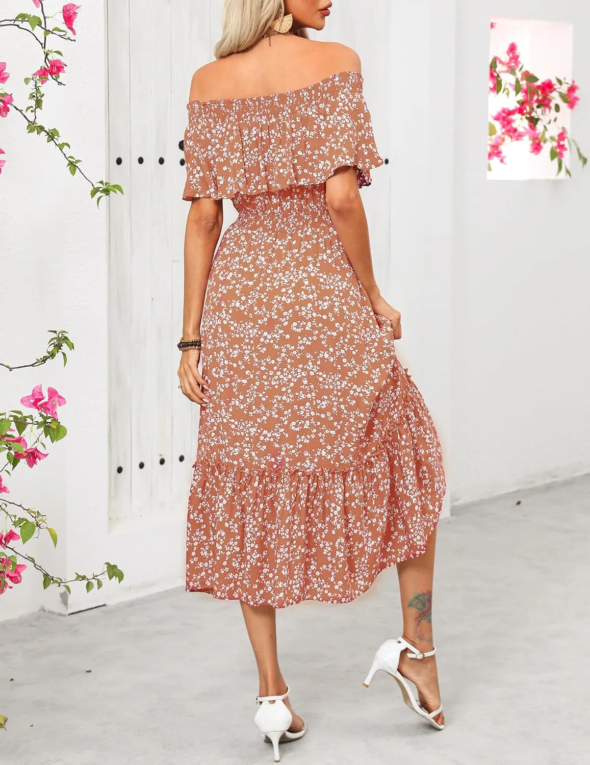 Prettywear Women's 2025 Spring Summer Boho Off Shoulder Midi Dress Floral Short Sleeve A Line Casual Beach Vacation Dresses