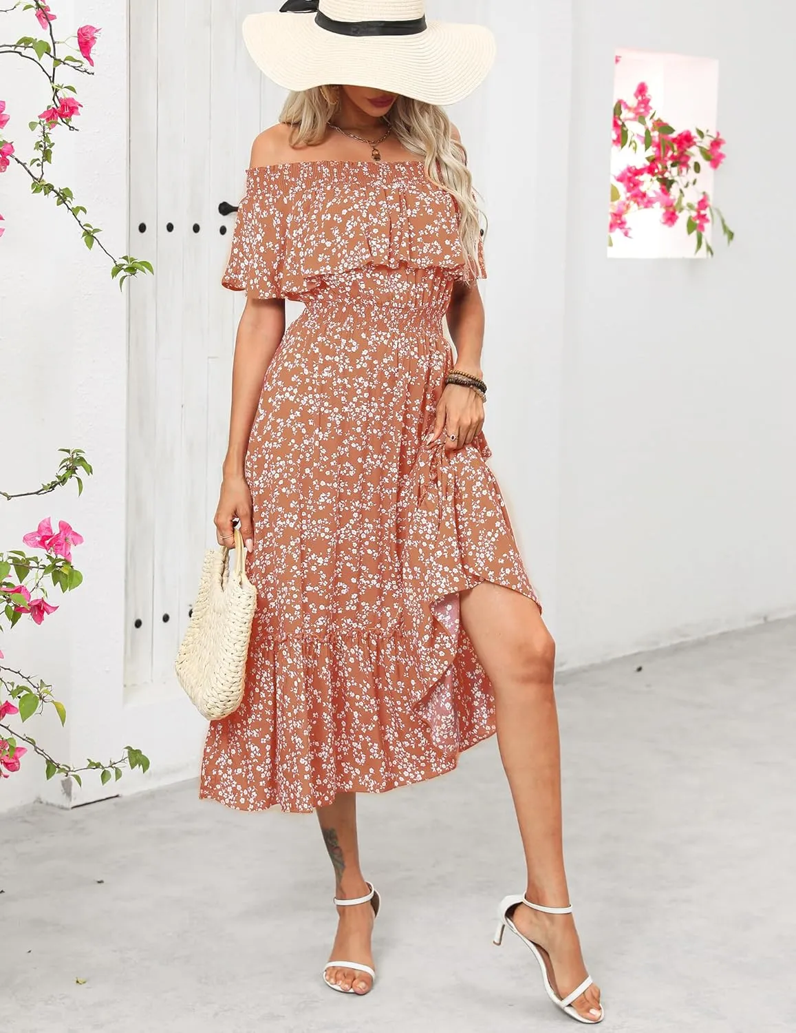 Prettywear Women's 2025 Spring Summer Boho Off Shoulder Midi Dress Floral Short Sleeve A Line Casual Beach Vacation Dresses