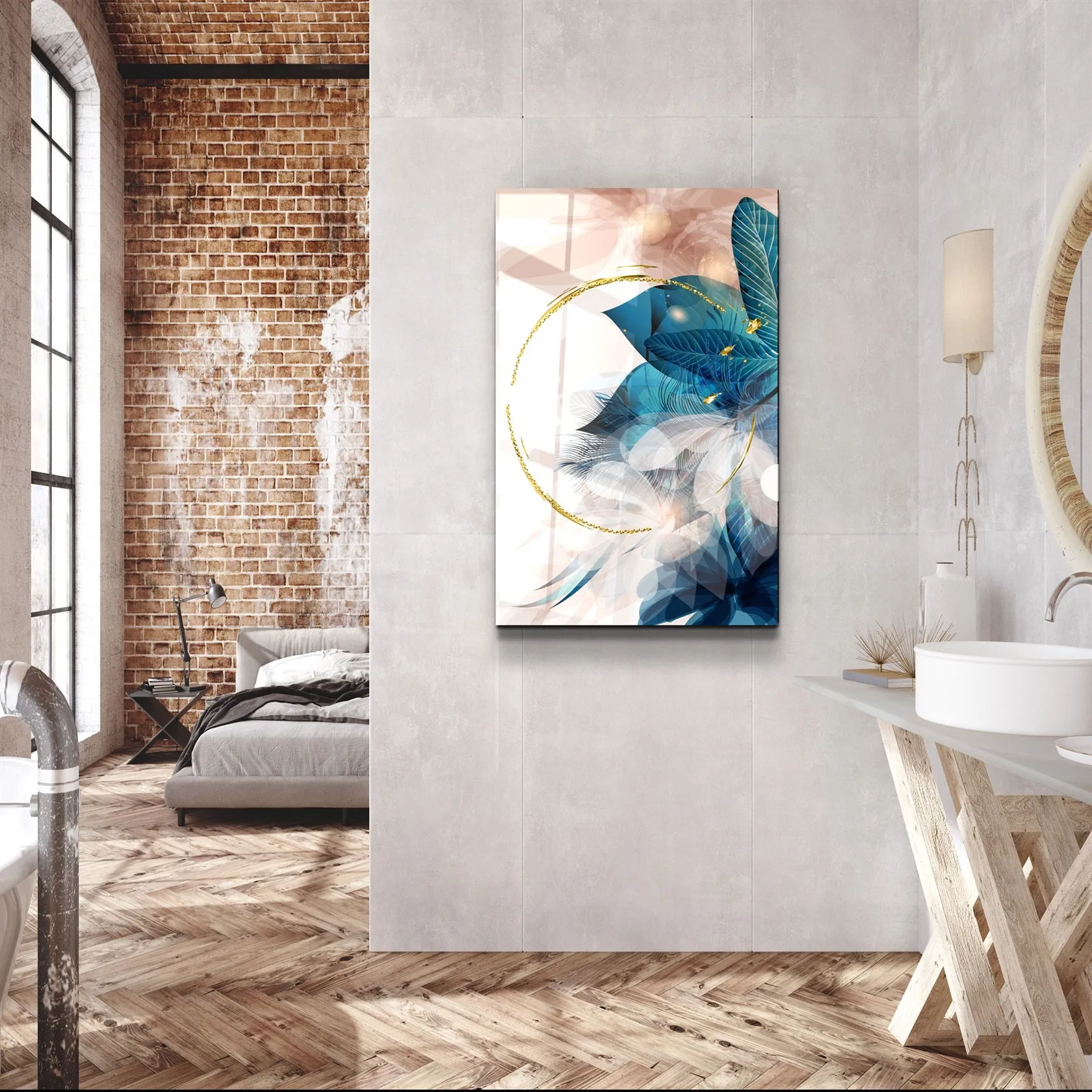 ・"Abstract Blue Leaves"・Glass Wall Art