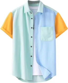 WDIRARA Men's Colorblock Button Down Short Sleeve Pocket Front Shirt Tops