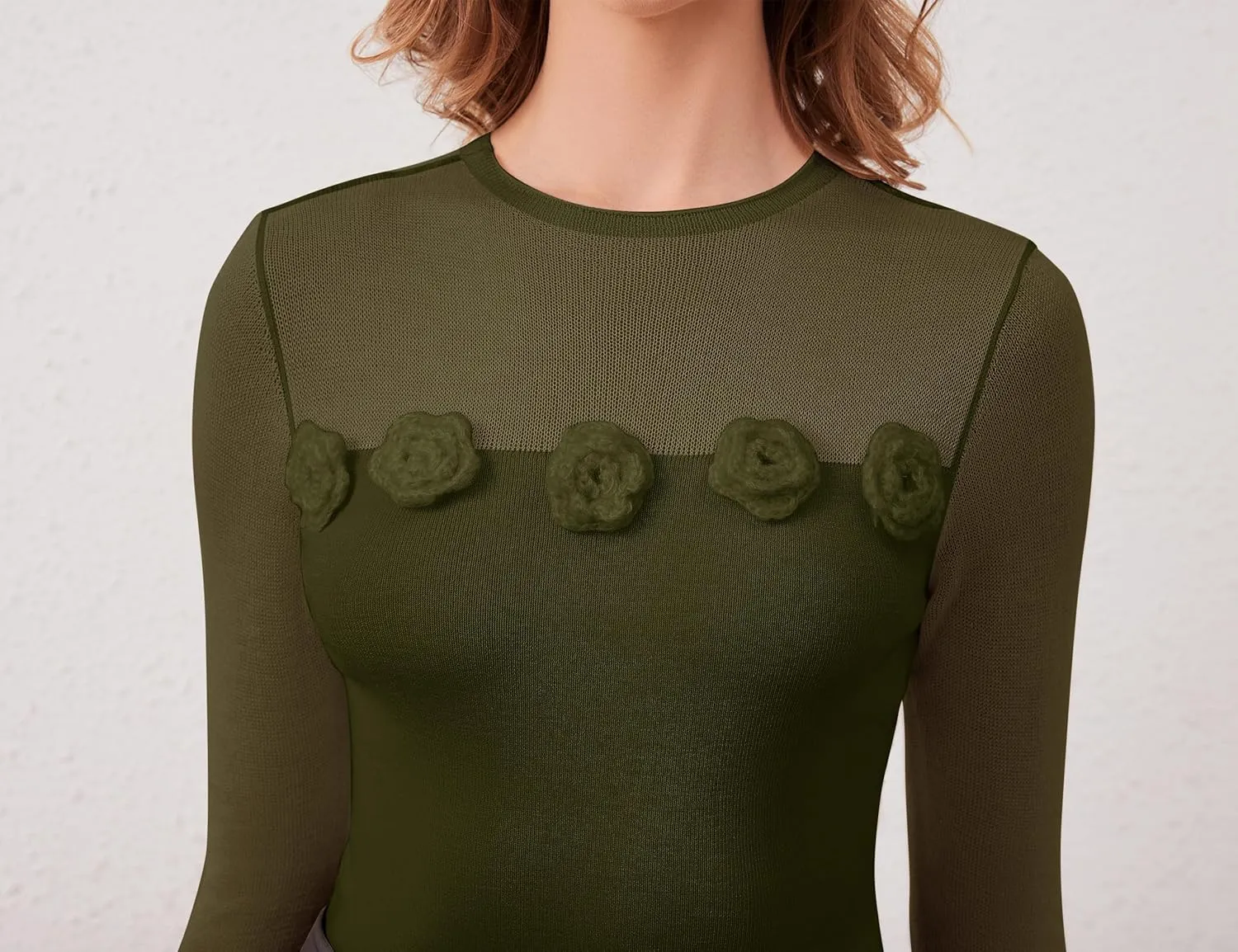 Women 3D Flower Panel Soft Knit Long Sleeve Mock Neck Sheer Mesh Solid Slim Sexy Tee Shirt Blouse Going Out Top