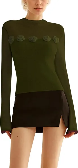 Women 3D Flower Panel Soft Knit Long Sleeve Mock Neck Sheer Mesh Solid Slim Sexy Tee Shirt Blouse Going Out Top