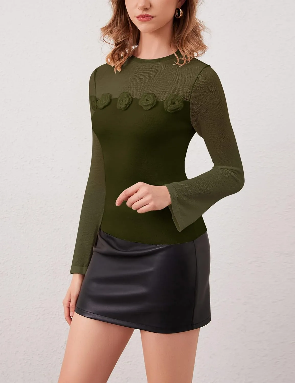 Women 3D Flower Panel Soft Knit Long Sleeve Mock Neck Sheer Mesh Solid Slim Sexy Tee Shirt Blouse Going Out Top