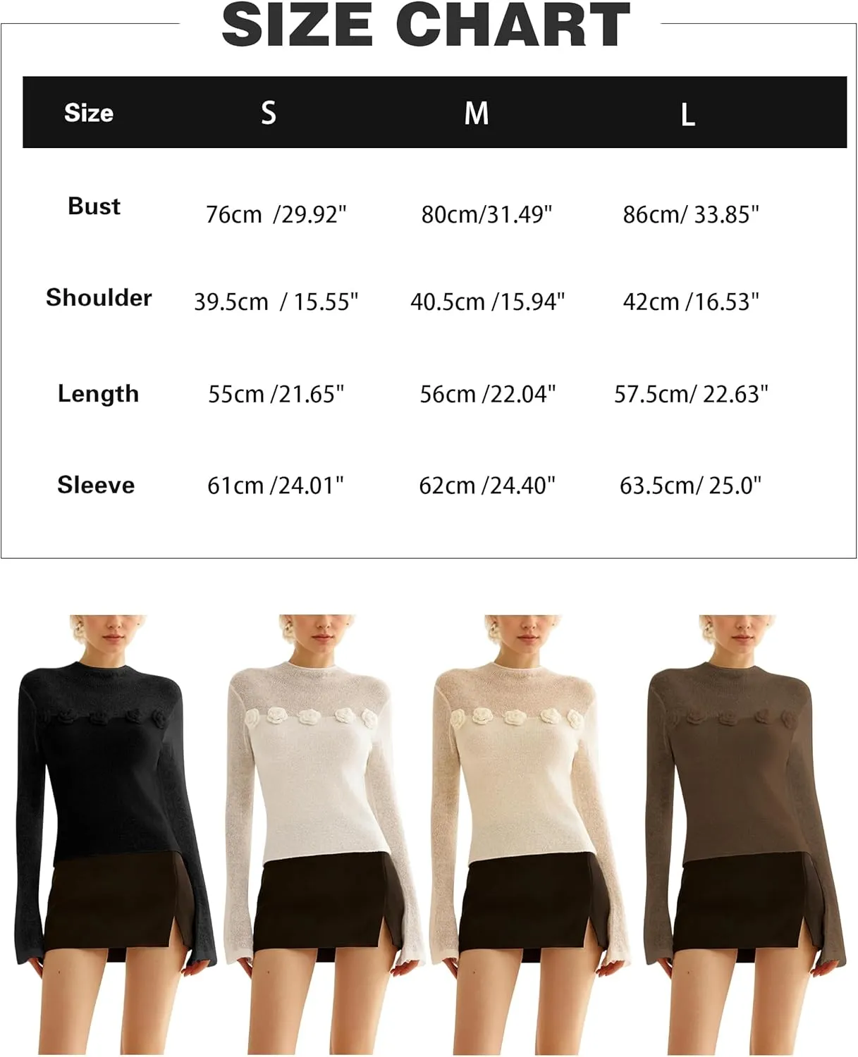 Women 3D Flower Panel Soft Knit Long Sleeve Mock Neck Sheer Mesh Solid Slim Sexy Tee Shirt Blouse Going Out Top