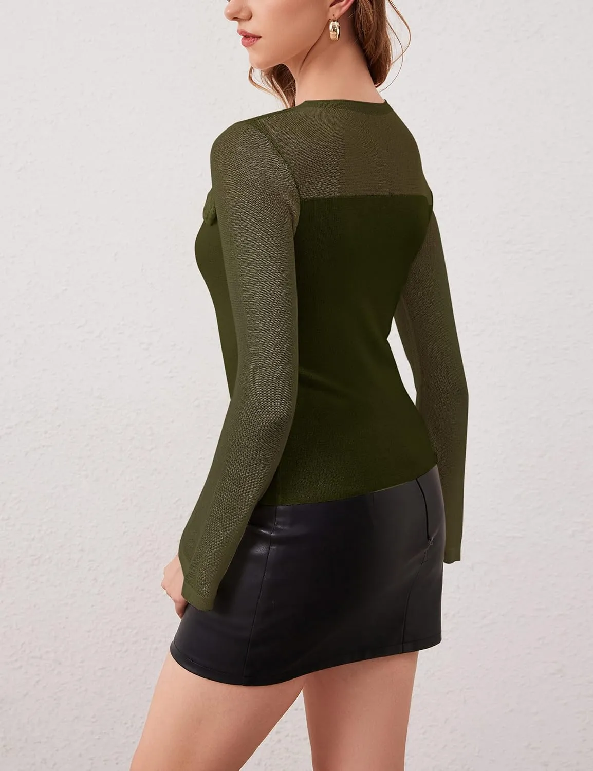 Women 3D Flower Panel Soft Knit Long Sleeve Mock Neck Sheer Mesh Solid Slim Sexy Tee Shirt Blouse Going Out Top