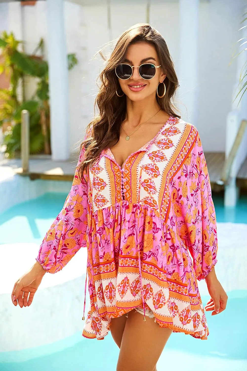 Women Boho V-Neck 3/4 Sleeves Tunic Top Relaxed Fit Casual Print Blouse