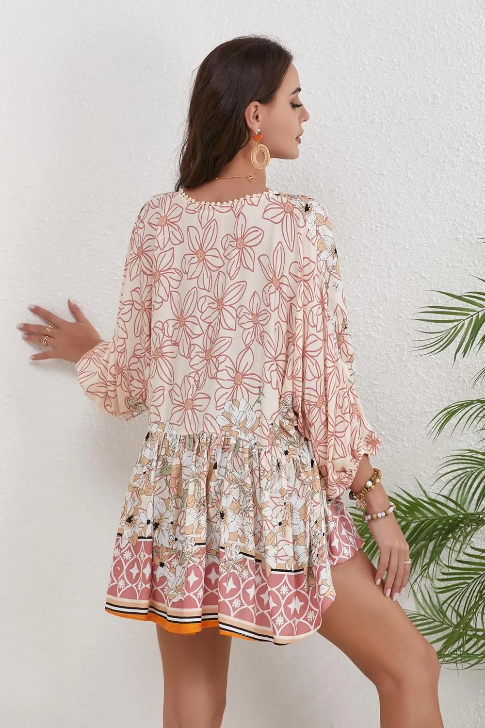 Women Boho V-Neck 3/4 Sleeves Tunic Top Relaxed Fit Casual Print Blouse