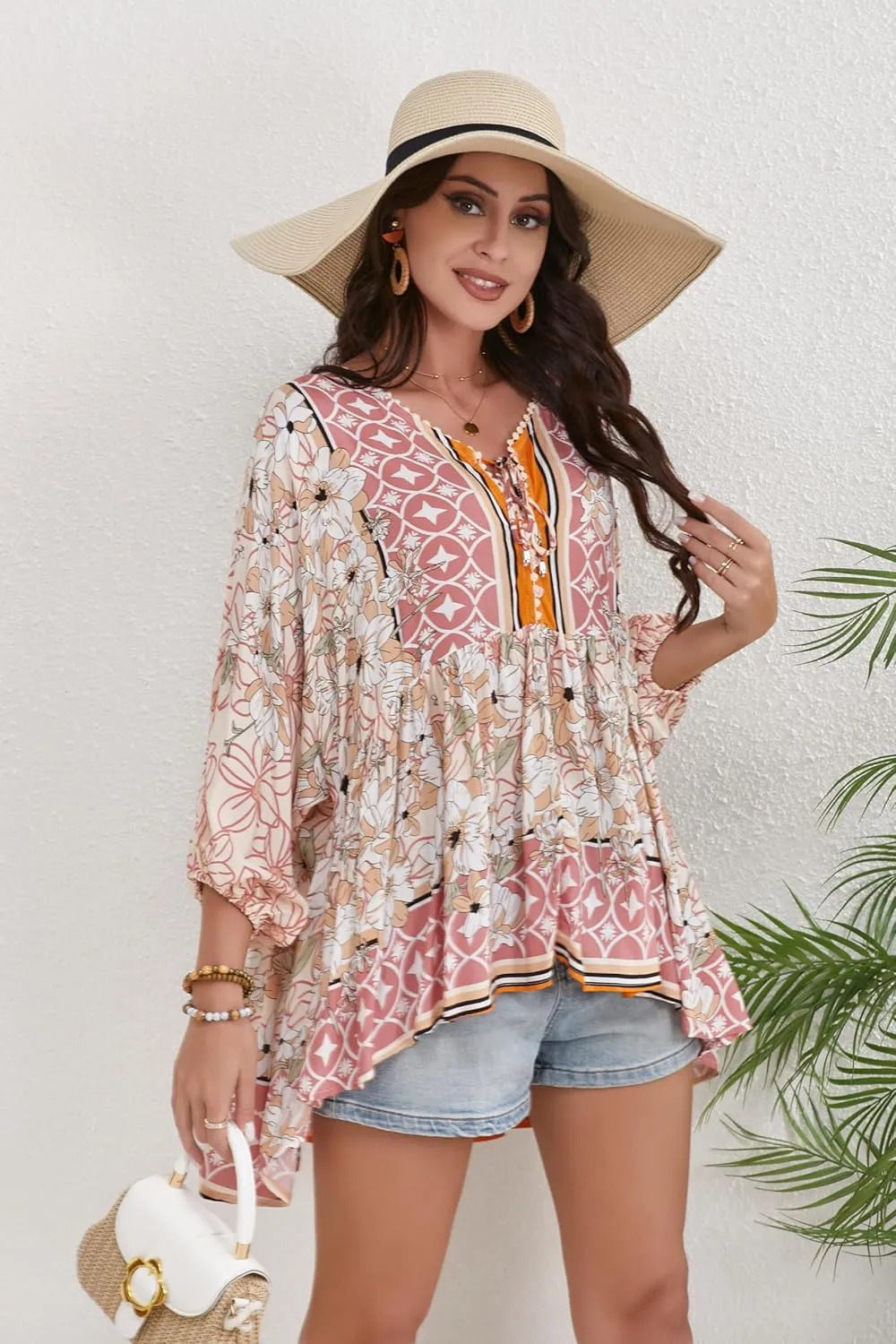 Women Boho V-Neck 3/4 Sleeves Tunic Top Relaxed Fit Casual Print Blouse