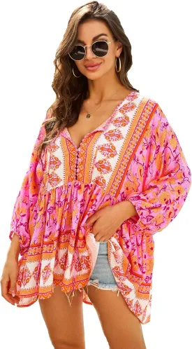 Women Boho V-Neck 3/4 Sleeves Tunic Top Relaxed Fit Casual Print Blouse