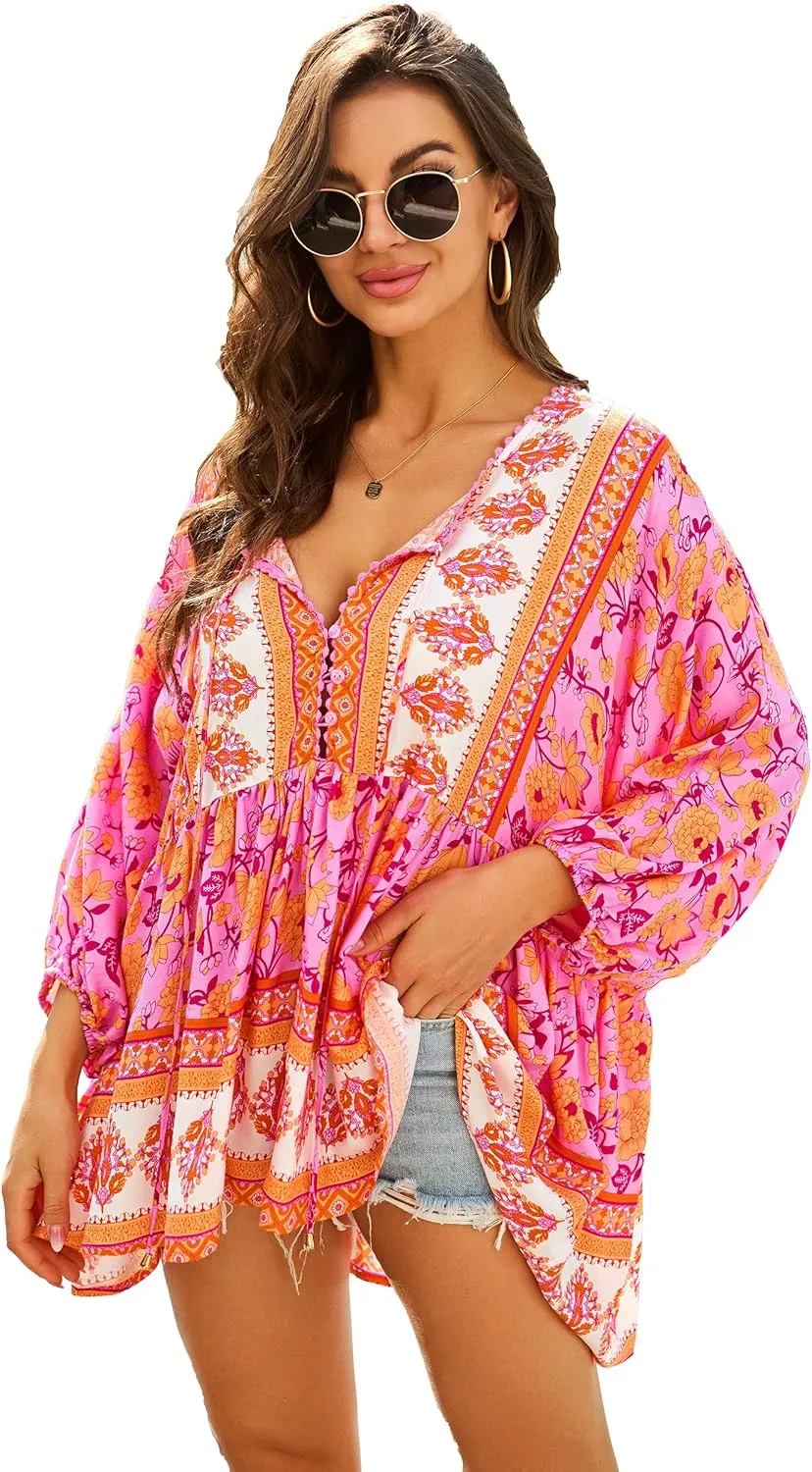 Women Boho V-Neck 3/4 Sleeves Tunic Top Relaxed Fit Casual Print Blouse
