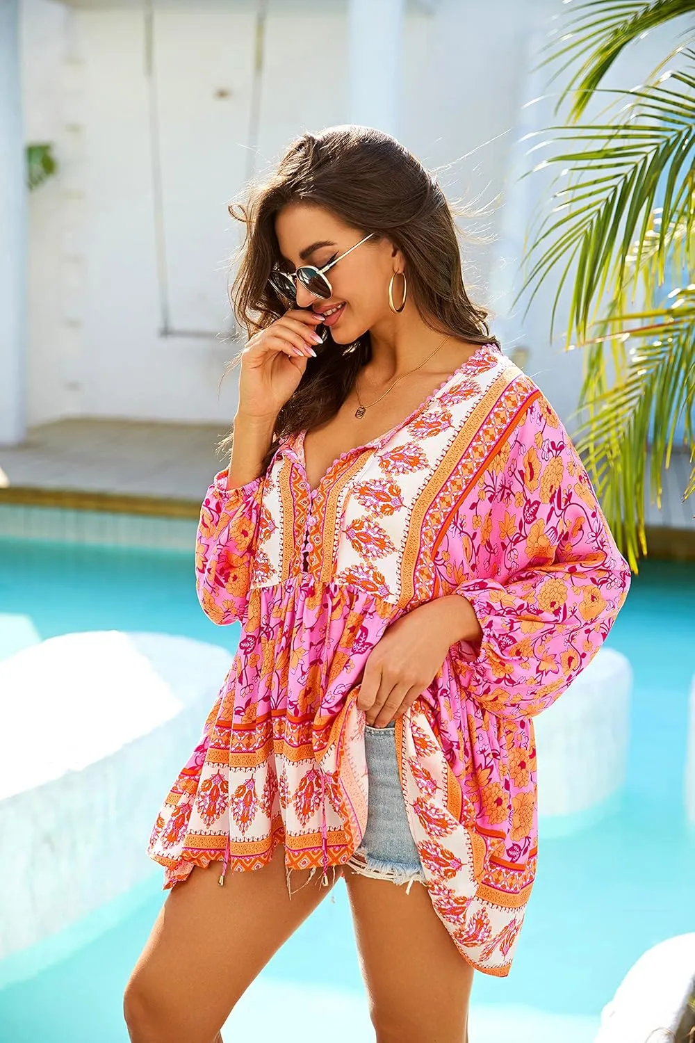 Women Boho V-Neck 3/4 Sleeves Tunic Top Relaxed Fit Casual Print Blouse