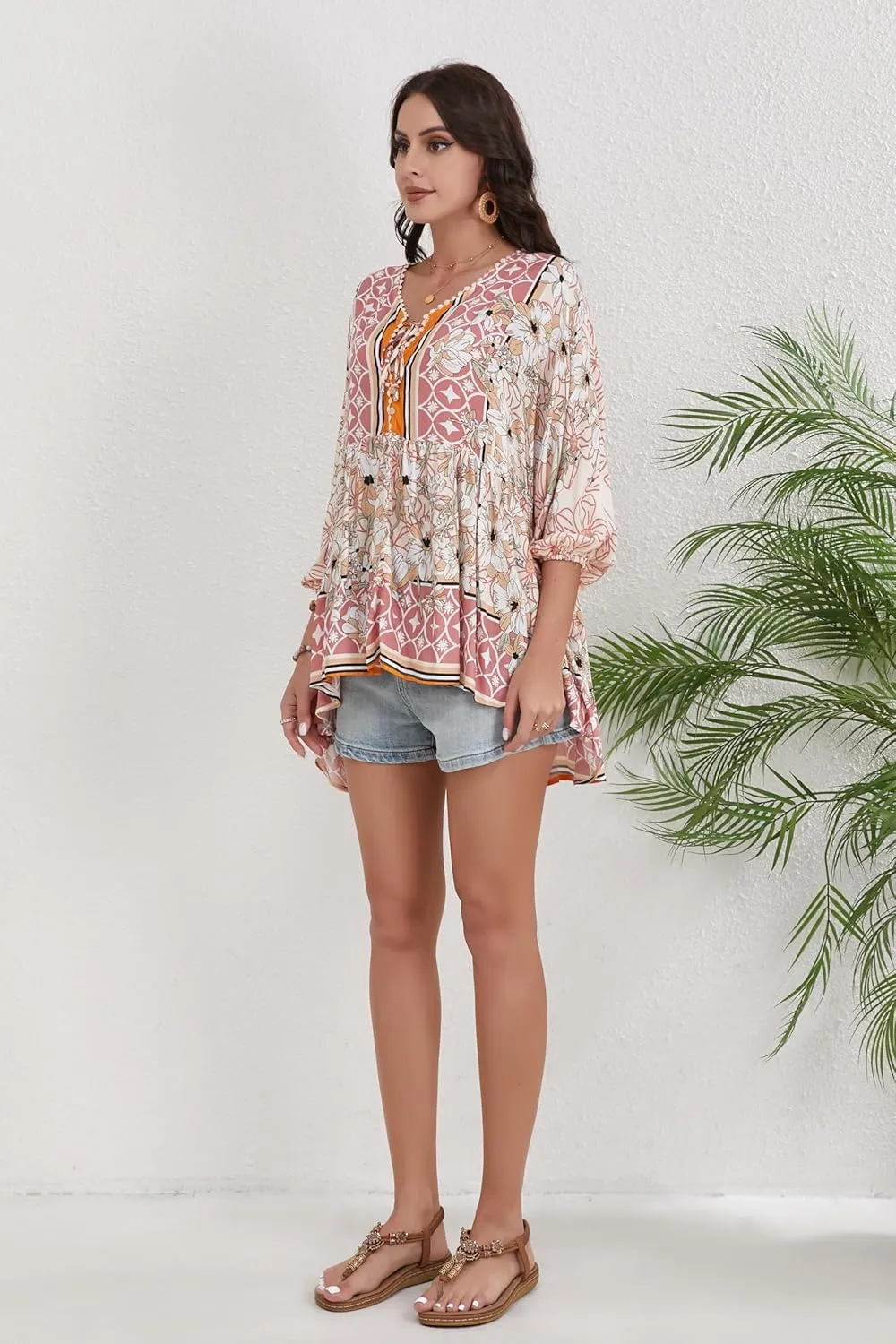 Women Boho V-Neck 3/4 Sleeves Tunic Top Relaxed Fit Casual Print Blouse