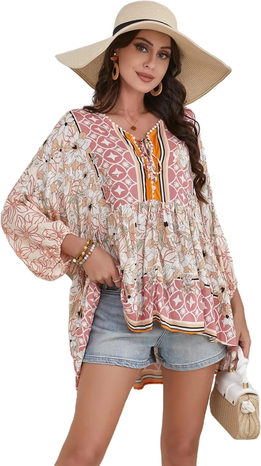 Women Boho V-Neck 3/4 Sleeves Tunic Top Relaxed Fit Casual Print Blouse