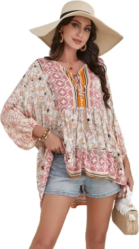 Women Boho V-Neck 3/4 Sleeves Tunic Top Relaxed Fit Casual Print Blouse