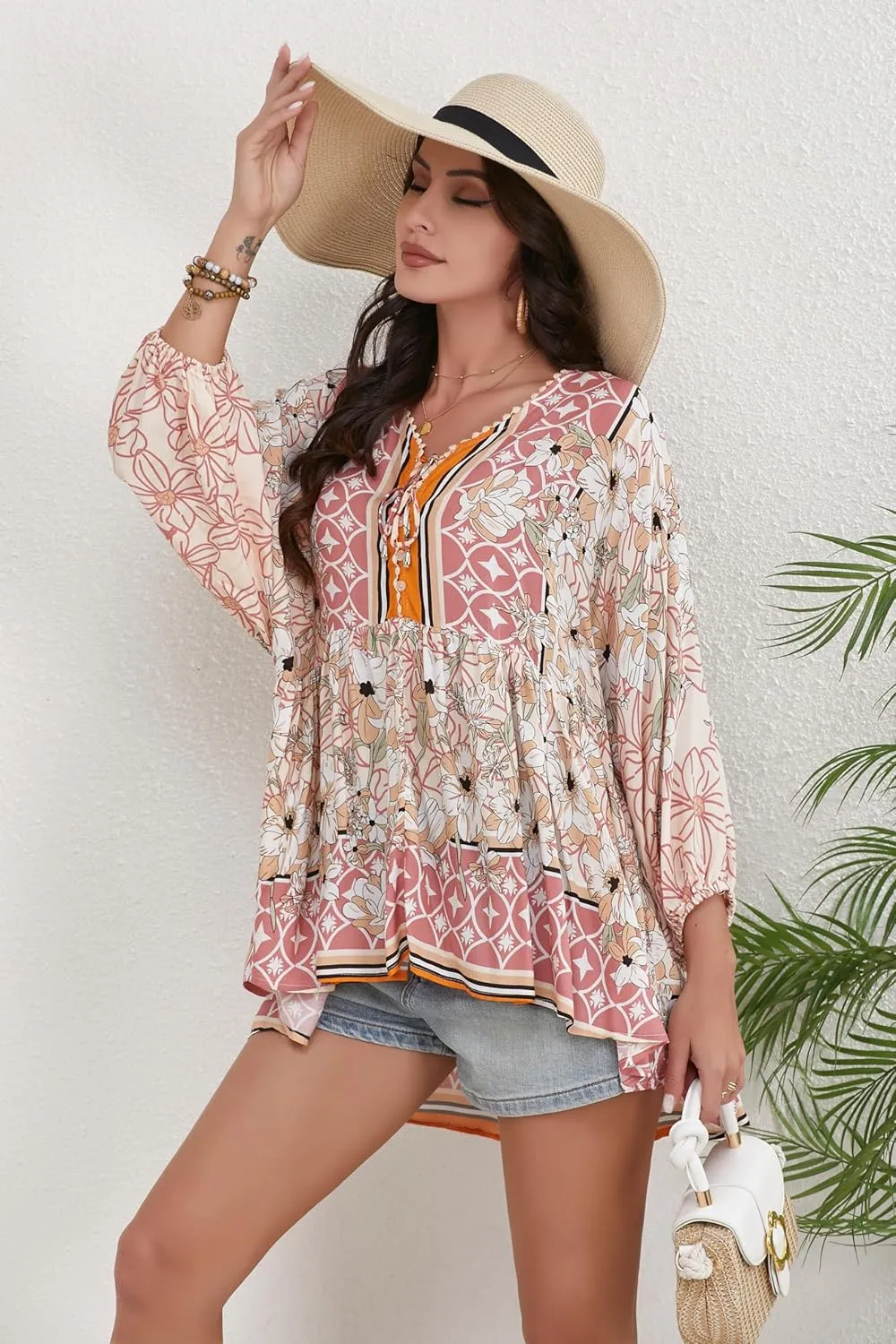 Women Boho V-Neck 3/4 Sleeves Tunic Top Relaxed Fit Casual Print Blouse