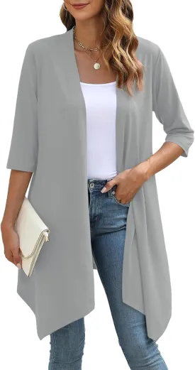 Women's Open Front Cardigan Lightweight Soft Knit 3/4 Sleeve High-Low Draped Hem Loose Casual Duster