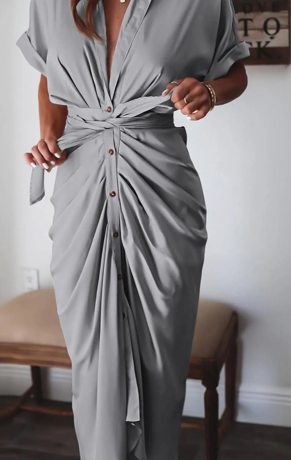 Women's Swing Classic Cute Maxi Ruched Breathable Shirt Dresses Bownot Slim Fitted Dress