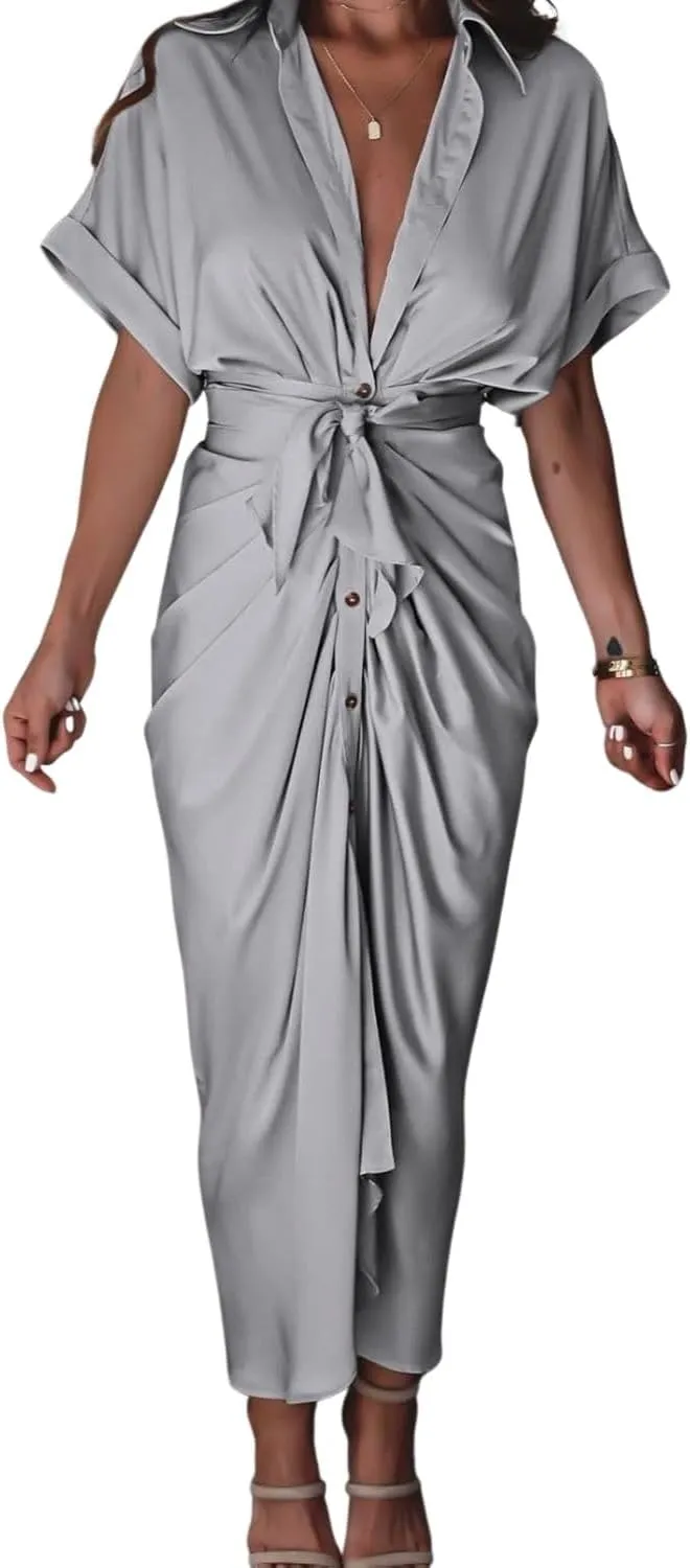 Women's Swing Classic Cute Maxi Ruched Breathable Shirt Dresses Bownot Slim Fitted Dress