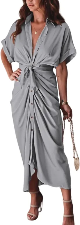 Women's Swing Classic Cute Maxi Ruched Breathable Shirt Dresses Bownot Slim Fitted Dress