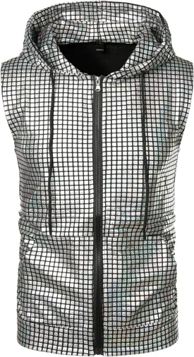 ZEROYAA Mens Shiny Metallic Zip Up Sleeveless Hooded Vest T Shirt with Kangaroo Pocket