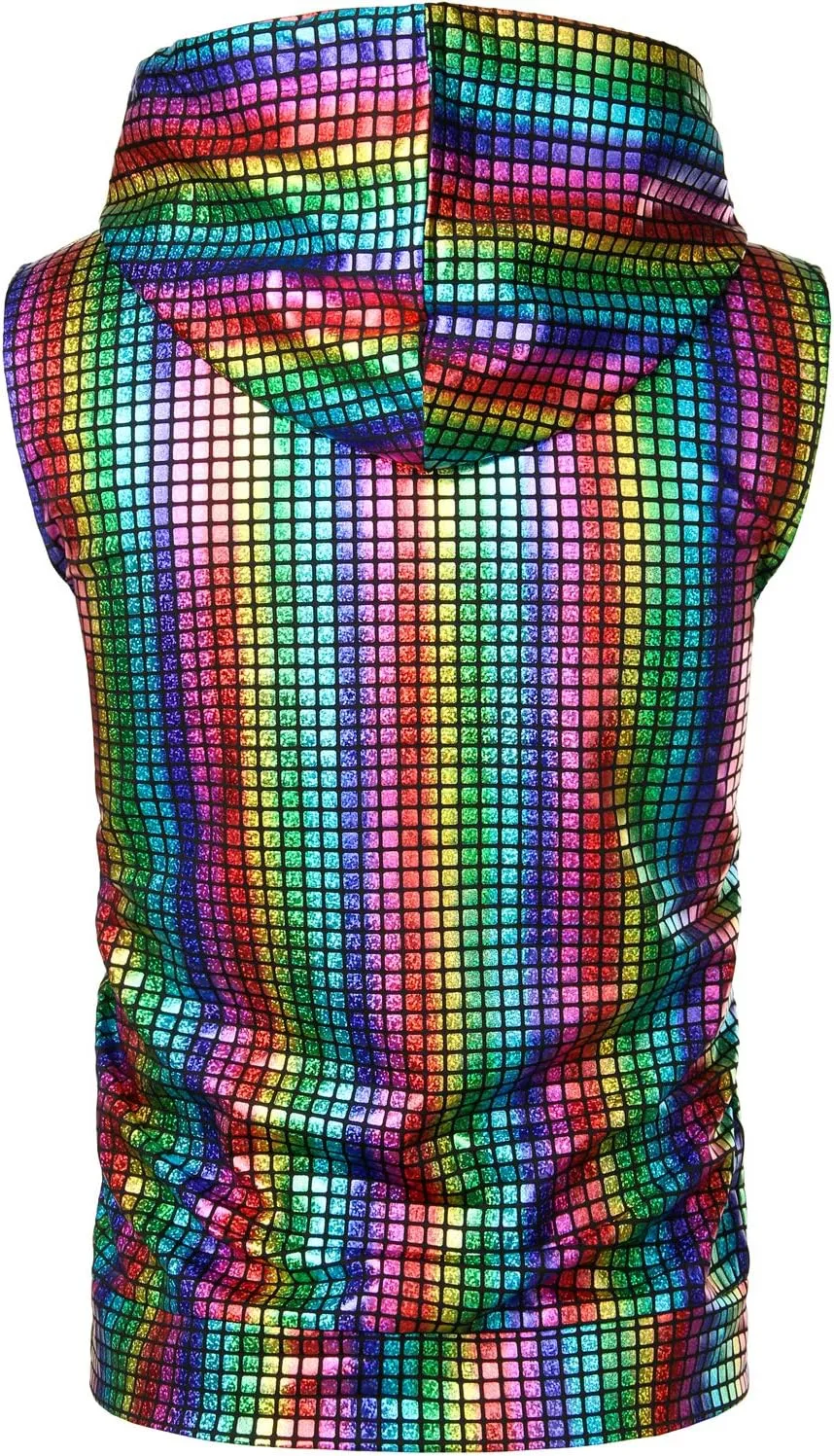 ZEROYAA Mens Shiny Metallic Zip Up Sleeveless Hooded Vest T Shirt with Kangaroo Pocket