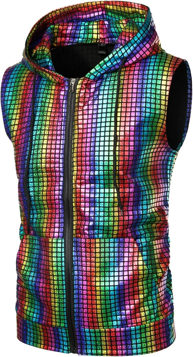 ZEROYAA Mens Shiny Metallic Zip Up Sleeveless Hooded Vest T Shirt with Kangaroo Pocket