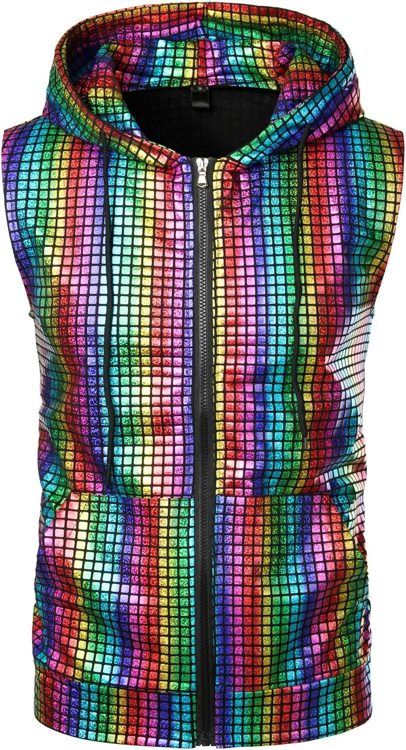 ZEROYAA Mens Shiny Metallic Zip Up Sleeveless Hooded Vest T Shirt with Kangaroo Pocket