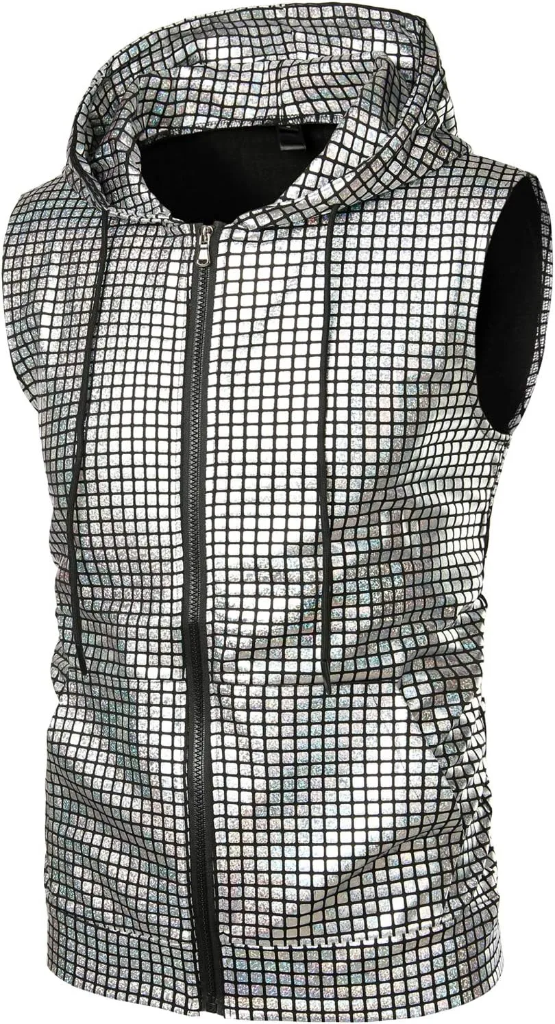 ZEROYAA Mens Shiny Metallic Zip Up Sleeveless Hooded Vest T Shirt with Kangaroo Pocket