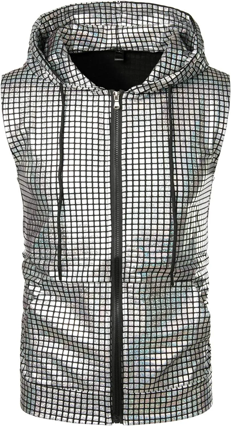 ZEROYAA Mens Shiny Metallic Zip Up Sleeveless Hooded Vest T Shirt with Kangaroo Pocket